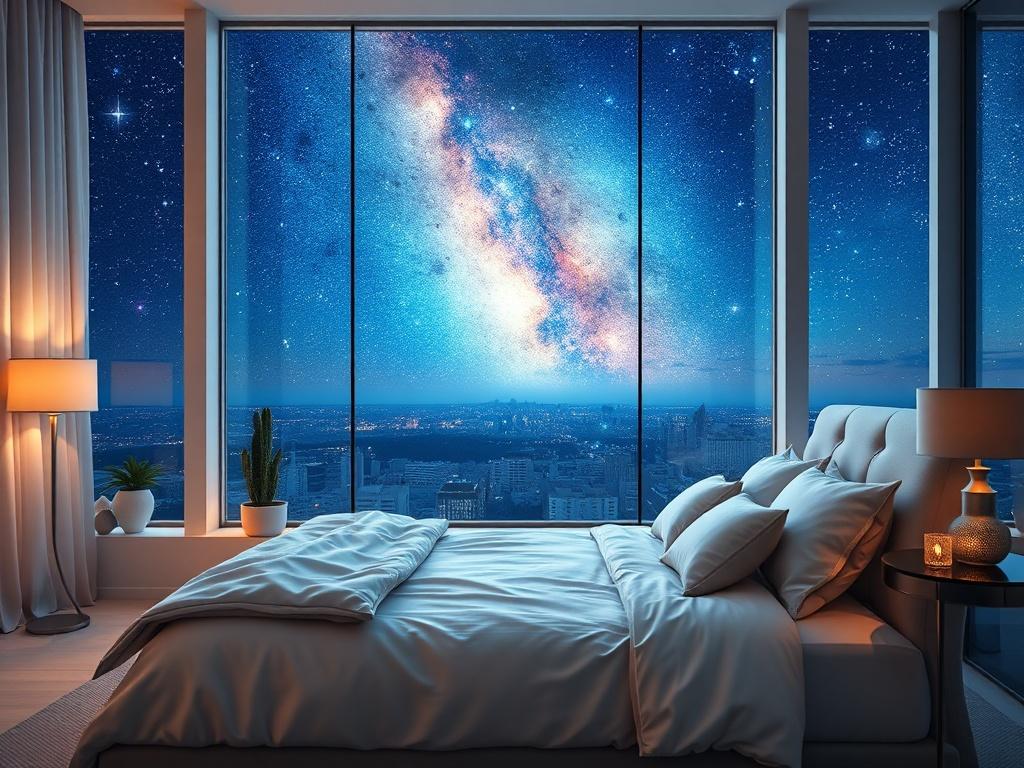 A luxurious bedroom featuring a plush bed with soft linens, elegantly decorated with gentle lighting. Through the large penthouse window, a breathtaking view of a galaxy filled with stars and cosmic colors creates a serene atmosphere. The room is adorned with tasteful decor in soft tones, inviting relaxation and tranquility.
