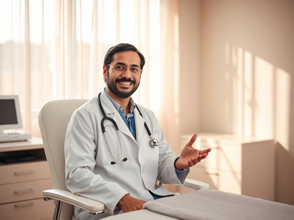 **AI Image Generation Prompt:**

Create a realistic high-resolution photo depicting an ASMR doctor roleplay scene. The composition should be simple and clear, featuring a single subject: a warm and inviting healthcare provider—a compassionate, soft-spoken doctor. The doctor, of Middle-Eastern descent, should be seated at an exam table, dressed in a white lab coat with a stethoscope draped casually around their neck. 

The background should convey a calming, peaceful medical environment, with soft-colored wa