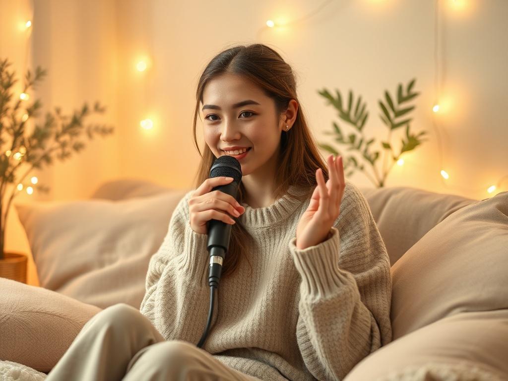 **Prompt for AI Image Generation:**

Create a highly detailed, realistic high-resolution photo that captures the essence of the blog titled "Why ASMR Tops YouTube Searches in 2025." The composition should be simple and clear, featuring a single subject: a serene individual, a young woman with a gentle smile, sitting comfortably in a cozy, softly-lit room, surrounded by calming elements that represent ASMR. 

The subject should be engaged in an ASMR activity, such as softly whispering into a microphone, with