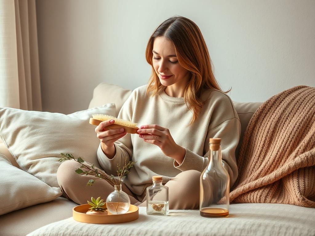 Create a realistic high-resolution photo that visually represents the theme "Discover Your Unique ASMR Triggers." The composition should be simple and clear, featuring only one subject: a serene individual sitting comfortably in a softly lit room. The person, who appears peaceful and relaxed, is gently interacting with various ASMR trigger items, such as a soft brush, crackling leaves, and a delicate glass bottle. 

The background should showcase a cozy atmosphere, with warm, muted colors complementing the 