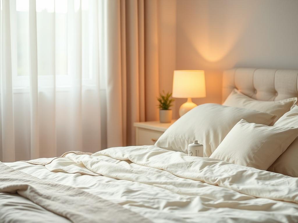 **AI Image Generation Prompt:**

Create a realistic high-resolution photo depicting a peaceful bedroom scene intended to reflect the tranquility and comfort associated with ASMR sleep. The composition should be simple and clear, focusing on a single subject: a cozy bed adorned with soft, light-colored bedding, plush pillows, and a light throw. 

The bed should be positioned centrally, slightly off to the right of the frame to allow for a gentle sense of flow. In the background, there should be a softly lit 
