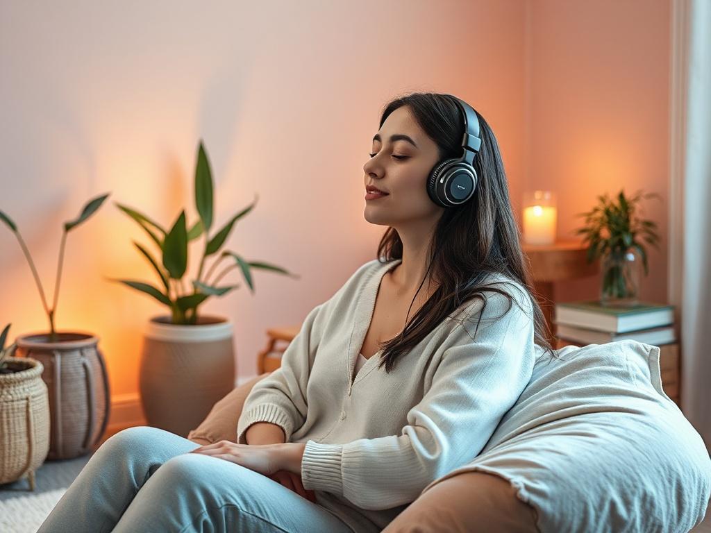 **AI Image Generation Prompt:**

Create a realistic high-resolution photo depicting a serene and calming scene that reflects the theme "Unlocking Your Personal ASMR Experience." The composition should be simple and clear, featuring a single subject: a tranquil woman sitting comfortably on a plush, soft cushion in a beautifully arranged peaceful corner of her home. She should have her eyes gently closed, showcasing a look of contentment and relaxation as she listens to personalized ASMR recordings through el