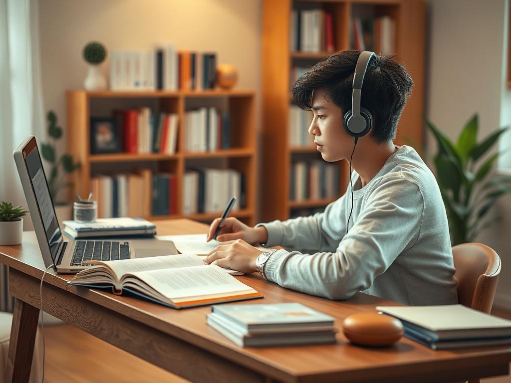 **AI Image Generation Prompt:**

Generate a realistic high-resolution photo featuring a single student deeply focused on studying in a cozy and serene environment. The subject should be a young adult (gender-neutral) positioned at a well-organized wooden desk, surrounded by study materials like open textbooks, notebooks, and a laptop. The student is wearing comfortable headphones, creating an atmosphere of quiet concentration, embodying the essence of the "Study With Me ASMR" trend.

The setting should exud