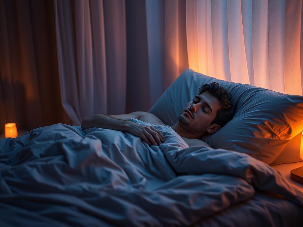 Create a highly detailed, realistic high-resolution image that embodies the serene ambiance of a nighttime relaxation setting. The composition should focus on a single subject: a peaceful male figure lounging comfortably on a softly made bed. The bed should have plush pillows and a cozy, inviting duvet in soothing, soft tones.

The male subject should appear relaxed, with a gentle expression on his face, perhaps resting against the pillows, his eyes comfortably closed. The setting is illuminated by warm, ge