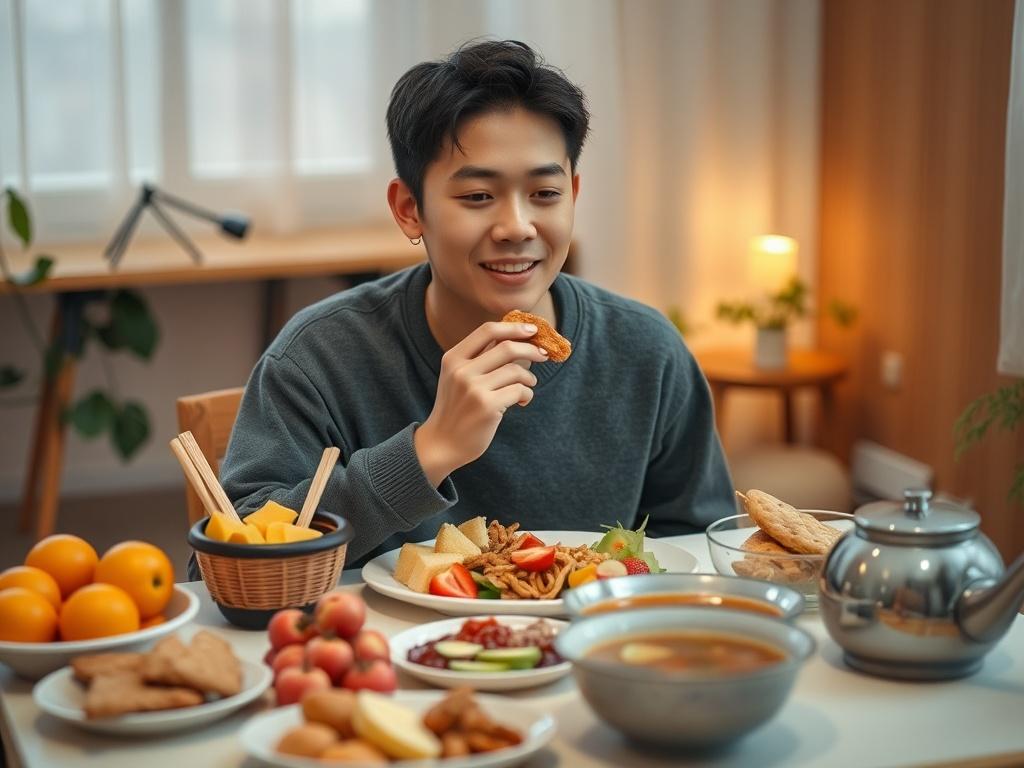 **AI Image Generator Prompt:**

Create a realistic high-resolution photo featuring a single subject engaged in an ASMR mukbang experience. The subject is a young adult seated at a simple, inviting dining table filled with a variety of colorful, appealing foods such as fresh fruits, a selection of snacks, and a steaming bowl of soup. The person is gently holding a piece of food, bringing it to their mouth, with an expression of contentment and relaxation on their face, reflecting the joy that comes from the 