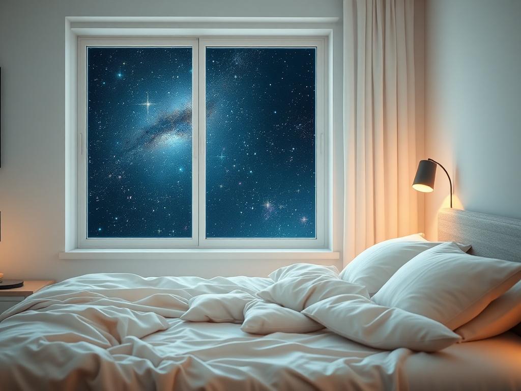A serene bedroom scene featuring a cozy bed with soft pillows and a gentle blanket, illuminated by soft, ambient lighting. In the background, a window reveals a stunning view of a starry galaxy, with twinkling stars and gentle cosmic colors blending together. The atmosphere is peaceful and calming, inviting relaxation and sleep, while maintaining a focus on tranquility and comfort.