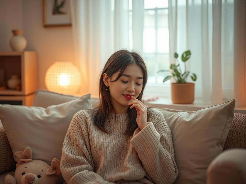 **AI Image Generator Prompt:**

Create a realistic high-resolution photograph that encapsulates the essence of ASMR whispering as an original and compelling trigger behind its widespread appeal. The composition should feature a single subject, a calm and serene young woman, sitting comfortably in a cozy, softly lit room. She is engaged in the act of whispering, with a gentle expression that conveys tranquility and intimacy. Her hair is naturally falling around her shoulders, and she is wearing a simple, sof