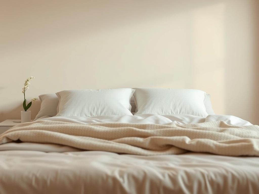 A serene, high-resolution image of a calming bedroom environment with soft, gentle lighting. The focus is on a comfortable bed with plush pillows and a cozy blanket, inviting relaxation and tranquility. The background features soft pastel colors, creating a peaceful atmosphere. The composition should be simple and clear, portraying a sense of calm and inviting viewers to imagine themselves in this peaceful space.