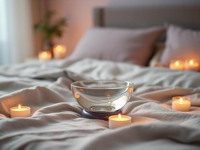 **AI Image Generation Prompt:**

Create a realistic high-resolution photo depicting a serene bedroom setting designed to convey tranquility and the transformative experience of using 432 Hz crystal singing bowls for sleep. The composition should feature a single crystal singing bowl in the center of the frame, gracefully perched on a soft, textured surface, such as a plush throw or delicate fabric, to evoke a cozy atmosphere. The bowl should be polished and translucent, catching the light beautifully.

Surr