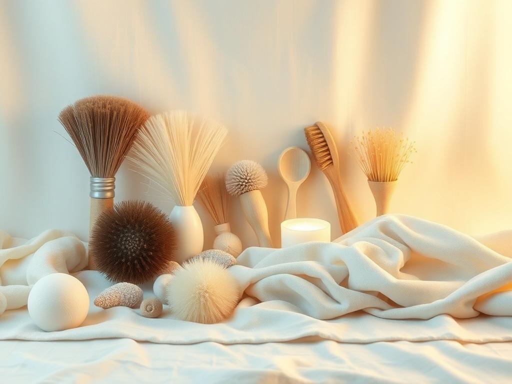 A visually appealing display of various ASMR trigger items such as brushes, soft fabrics, and calming visuals arranged neatly on a soothing background. The setting should be softly illuminated, evoking a sense of peace and inviting viewers into a world of relaxation.
