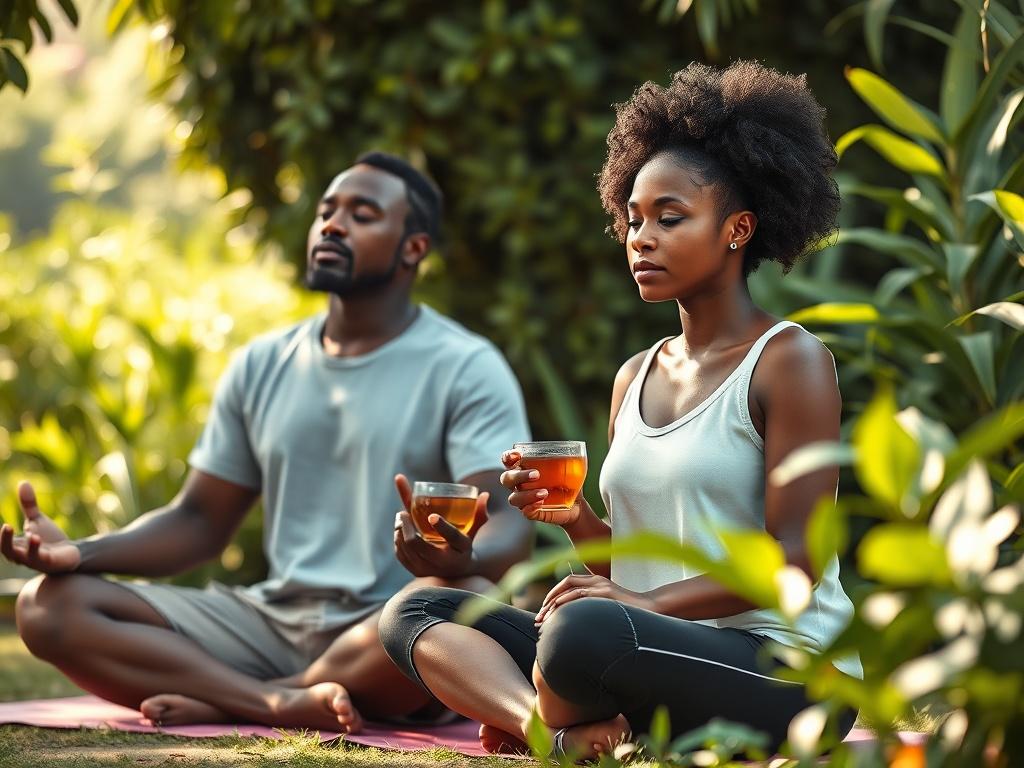 A serene scene of a black man and a mixed-race woman (white and black) detoxing together in a peaceful outdoor setting. They are surrounded by lush greenery under soft natural lighting. The man is meditating on a yoga mat, while the woman is seated beside him, sipping herbal tea. The atmosphere is tranquil, with a gentle breeze rustling the leaves, creating a calming effect. The background features soft, blurred plants, enhancing the serene vibe.