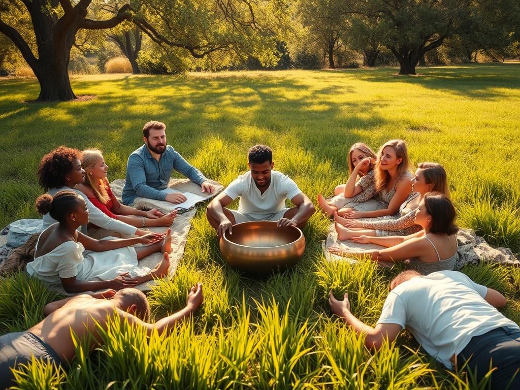 A serene scene featuring a multicultural group of individuals comfortably lying on a lush green grass field, deeply engaged in a sound healing session. One person in the center is playing a large singing bowl, creating calming vibrations that resonate throughout the group. The sunlight filters through gentle trees in the background, casting soft shadows, while the expressions of relaxation and tranquility on the participants' faces showcase the restorative power of sound healing. The overall atmosphere is p