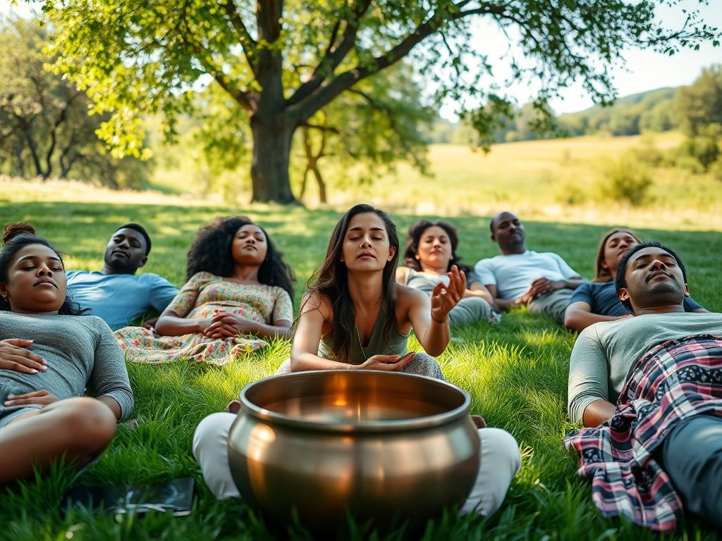 A multicultural group of individuals, diverse in ethnicity and gender, comfortably lying on a lush green grass field, eyes closed, deeply immersed in a sound healing session. A practitioner gently plays a large singing bowl in the foreground, creating a serene atmosphere. Soft sunlight filters through the trees, casting gentle shadows. The background features a peaceful natural setting with vibrant greenery and soft blue skies, promoting a sense of tranquility and connection to nature.