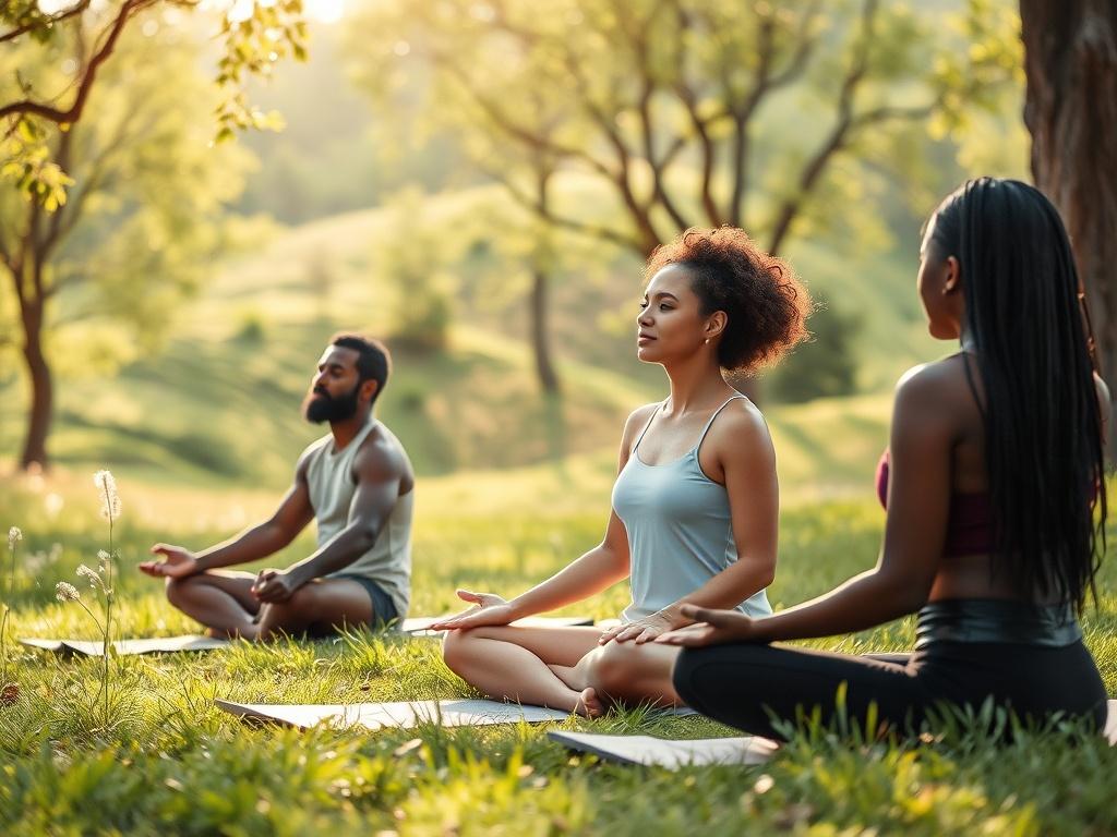 A serene scene depicting a black man and a white woman, along with a black woman, engaging in a detoxification session outdoors. They are sitting on yoga mats in a lush green natural setting filled with soft sunlight filtering through the trees. The individuals are relaxed and focused, embodying tranquility and wellness. The background showcases gentle hills and vibrant greenery, creating a peaceful atmosphere. The colors are soft and harmonious, reflecting a calming environment.