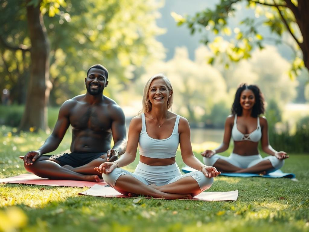 A serene scene featuring a black man and two women (one white and one black) engaged in a detoxification process. They are sitting cross-legged on yoga mats in a peaceful outdoor setting, surrounded by nature. Soft sunlight filters through the trees, creating a calming atmosphere. The individuals are smiling, embodying a sense of relaxation and rejuvenation. The background should include lush greenery and gentle, flowing water to enhance the tranquility of the scene.
