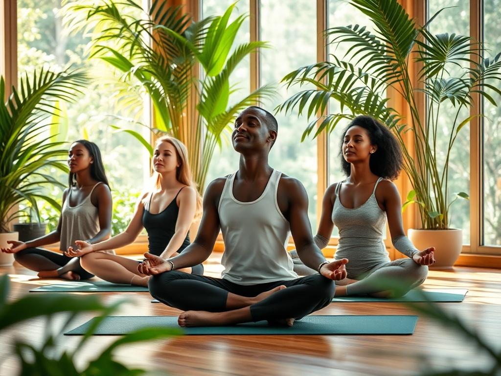 A serene scene featuring a black man and two women, one white and one black, participating in a detox retreat. They are sitting cross-legged on yoga mats in a bright, airy space surrounded by lush greenery. Soft sunlight filters in through large windows, creating a calm and peaceful atmosphere. The focus is on their relaxed expressions, as they engage in breathwork and meditation, embodying tranquility and connection with nature.