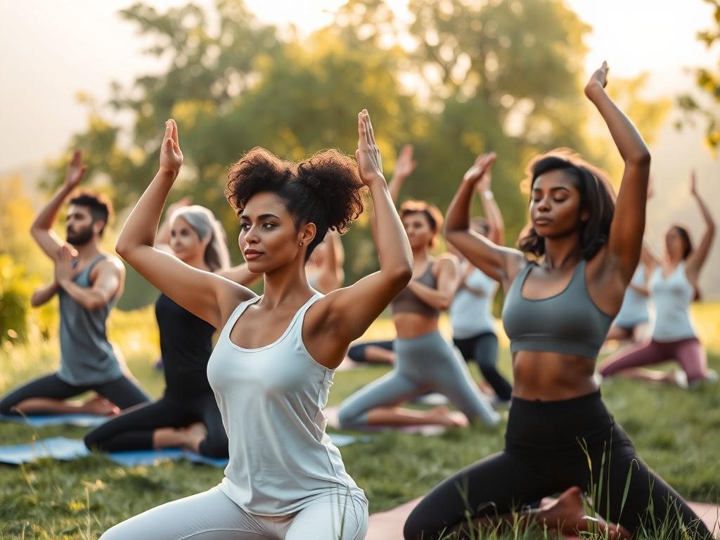 A serene outdoor scene showcasing a diverse group of individuals practicing yoga in nature. The group includes people of different races and genders, each in various yoga poses, surrounded by lush greenery and gentle sunlight filtering through the trees. The background features a peaceful landscape, emphasizing tranquility and connection to nature. The overall atmosphere is calm and inviting.