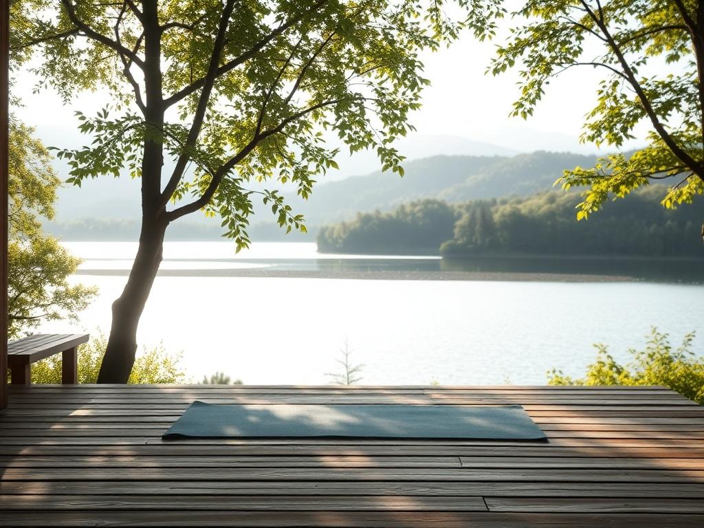 A peaceful retreat setting with a single yoga mat placed