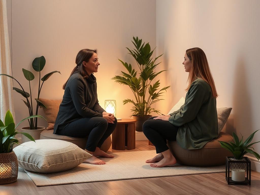 A peaceful scene featuring a private consultation space with comfortable