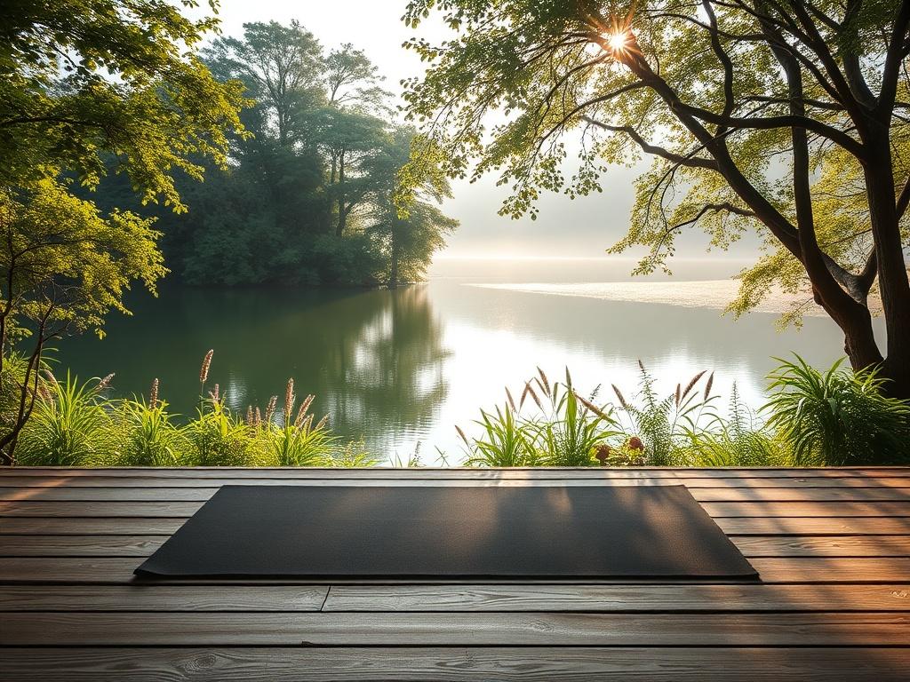 A serene retreat setting with a single yoga mat placed