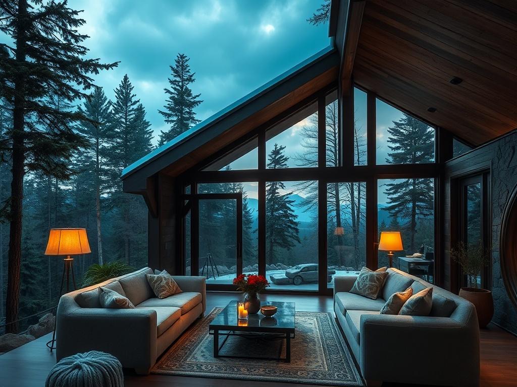 An elegant private cabin nestled in nature, featuring a cozy