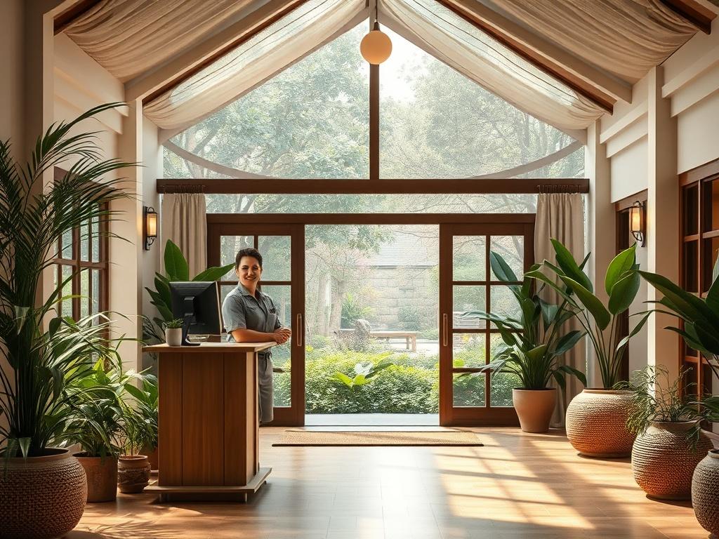 A serene and inviting retreat welcome area with soft lighting