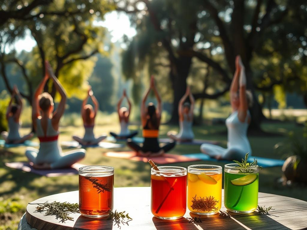 A peaceful outdoor setting with participants practicing gentle yoga poses,