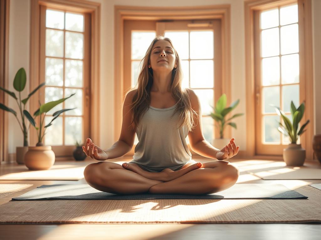 **AI Image Generation Prompt:**

Create a realistic high-resolution photo that captures the essence of detoxification in a serene retreat setting. The composition should feature a single subject: a peaceful individual sitting cross-legged on a yoga mat in a sun-drenched room. This individual, a middle-aged woman with long, flowing hair, is radiating tranquility as she breathes deeply, eyes closed, embodying a sense of inner peace and wellness.

The background should consist of large, open windows allowing s