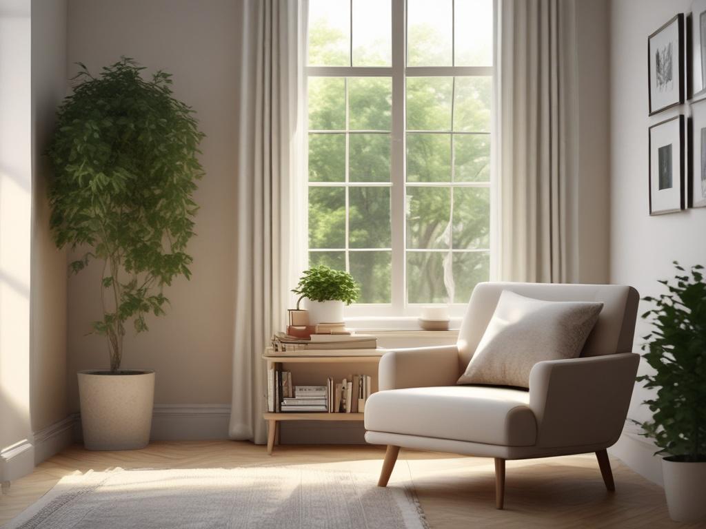 A serene reading nook with a stack of beautifully bound spiritual books, surrounded by soft lighting and gentle shadows. The background features a calming indoor setting with plants and a comfy chair, creating a peaceful atmosphere for reflection.
