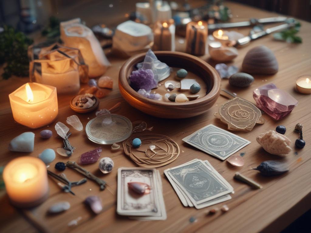 An elegant display of various metaphysical tools, including crystals, a tarot deck, and pendulums, arranged on a wooden table. The setting is softly lit, with a calming background that evokes a sense of spirituality and peace.