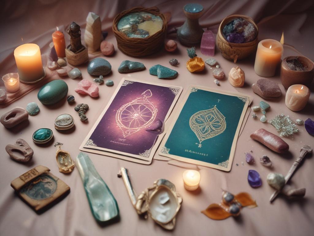 high resolution of an assortment of metaphysical tools including crystals