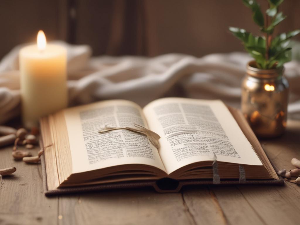 Create a realistic high-resolution image that embodies the theme of "Spiritual Books for Inner Growth." The composition should feature a single, inviting open book resting on a soft wooden table. The pages of the book should be gently fanned out, showcasing its beautiful illustrations and elegant typography, inviting viewers to explore its content. 

In the background, place a peaceful setting, such as a softly blurred scene of a serene garden with gentle greens and hints of blooming flowers, suggesting a c