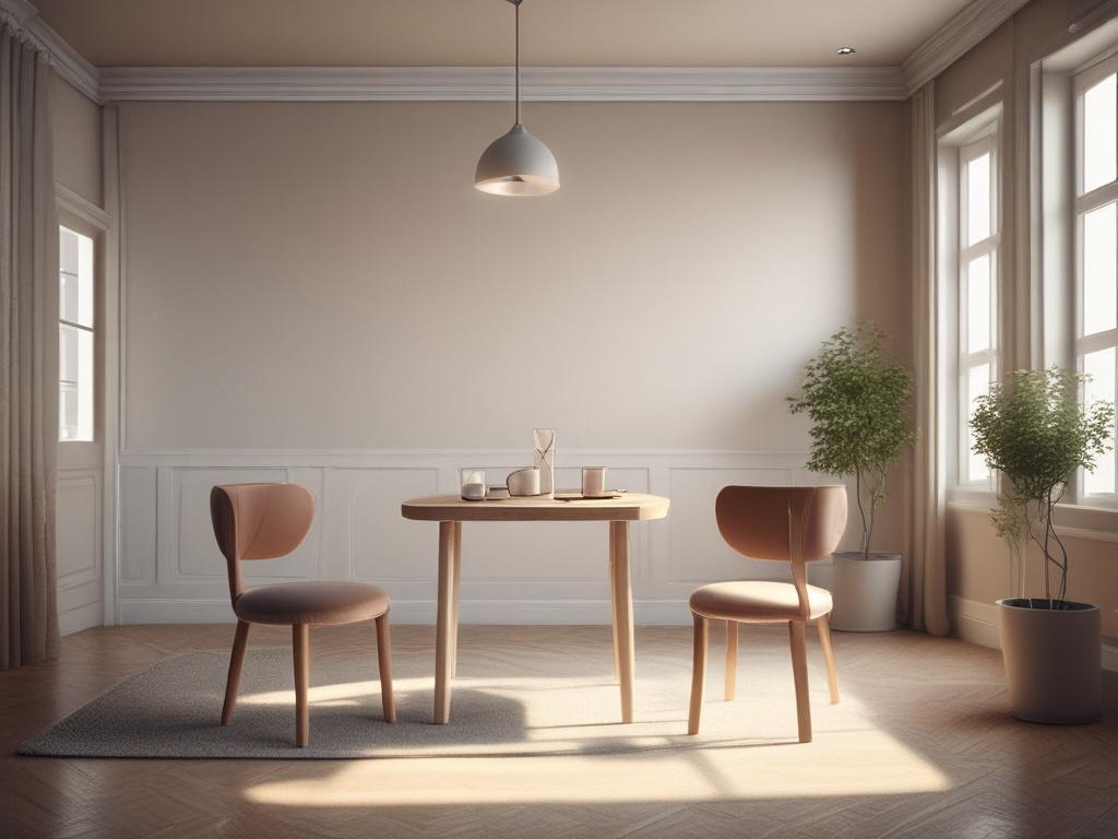 A serene setting with a warm, inviting atmosphere, featuring a cozy table with two chairs. One chair is occupied by a person with a gentle, caring expression, while the other is empty, inviting the viewer to join. The background is softly lit with gentle colors, perhaps with candles and plants adding to the peaceful ambiance.