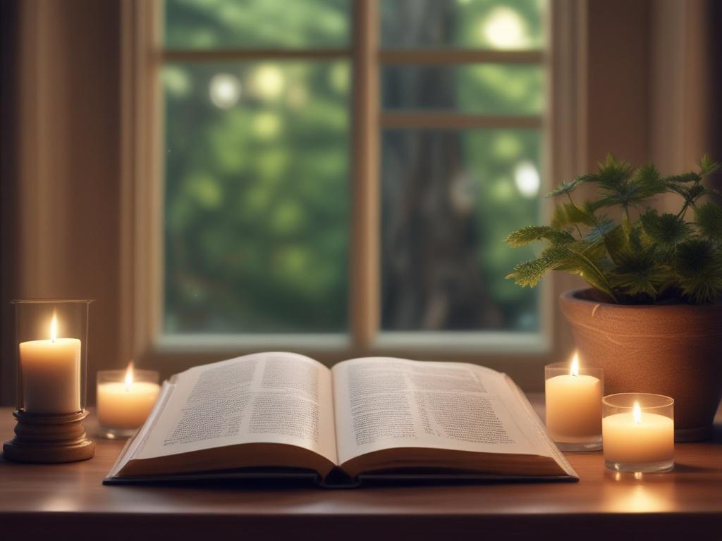A serene and inviting space featuring an open book with mystical symbols, surrounded by gently glowing candles. The background should evoke a sense of peace, with soft, warm lighting and hints of nature, such as leafy plants or subtle floral elements, creating a tranquil atmosphere.