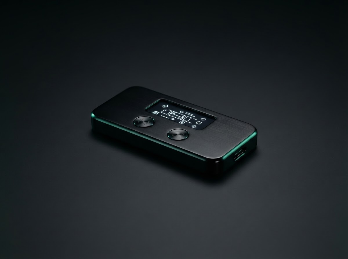 Black hardware wallet device displayed in a dark technical studio setting
