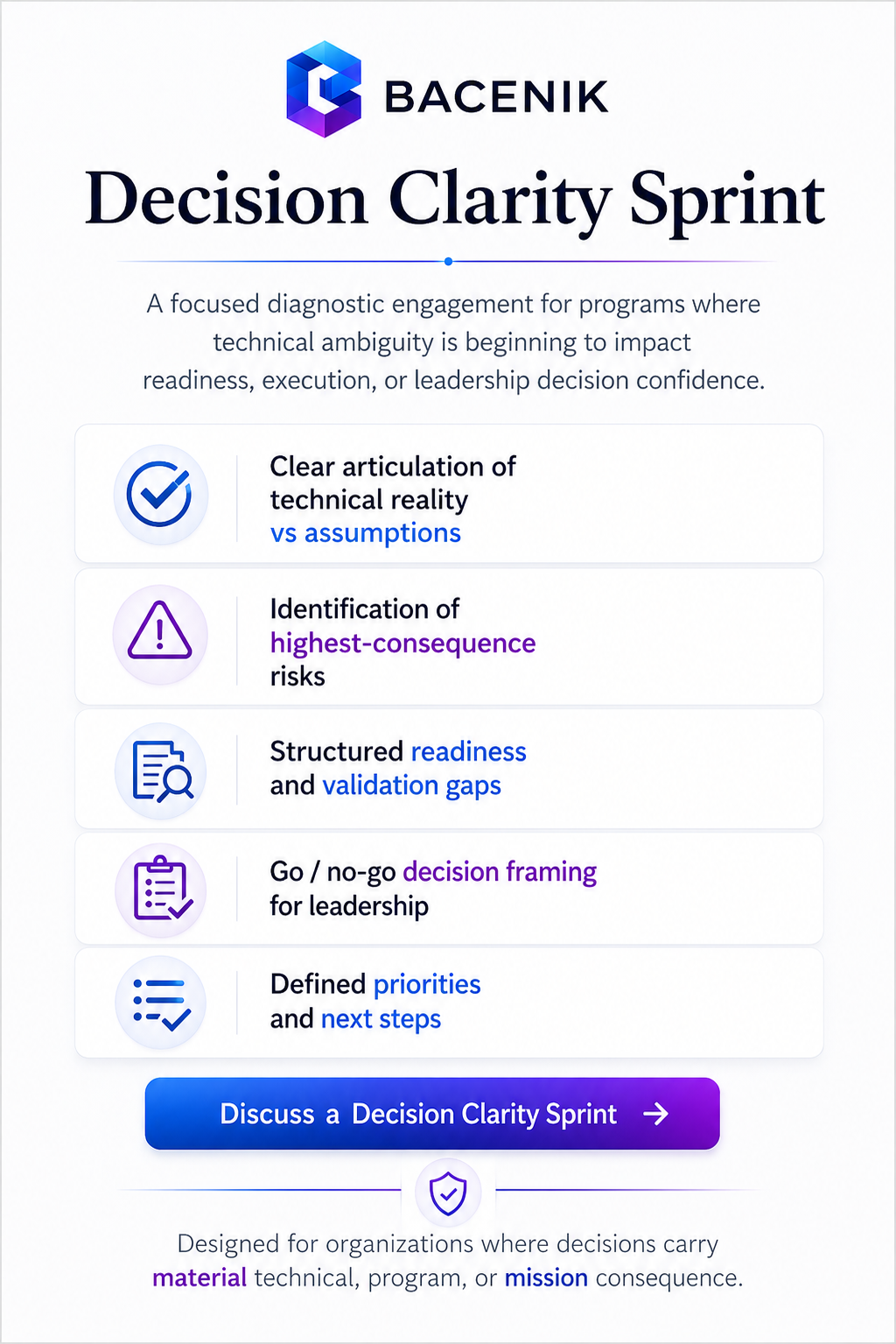 Bacenik Clarity Sprint framework for focused technical diagnostics