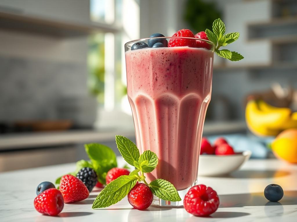 A realistic high-resolution close-up shot of a healthy meal replacement shake in a glass, garnished with fresh fruits like berries and a sprig of mint. The background should be a clean, bright kitchen with natural light, showcasing a healthy lifestyle. The color scheme should harmonize with the rgba(229, 81, 114, 1) primary color, emphasizing freshness and vitality.