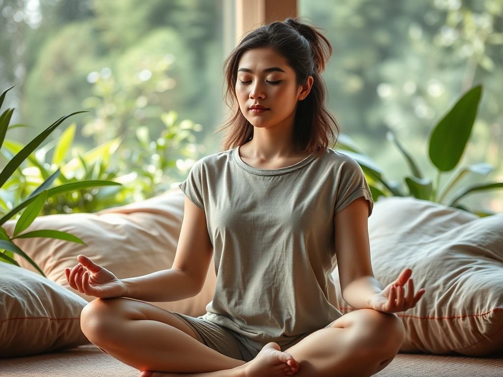 A close-up shot of a person meditating in a tranquil, serene environment. The individual, a young woman, sits cross-legged with closed eyes, exuding calmness. Surrounding her are soft pillows and lush greenery, emphasizing a peaceful atmosphere. The focus is on her expression of tranquility, capturing the essence of mindfulness.