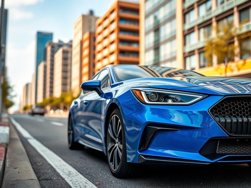 Un auto de gama media en un entorno urbano. El auto debe ser de color azul brillante, con un diseño moderno y aerodinámico. La toma debe ser un primer plano del auto, mostrando detalles como las llantas y los faros. El fondo debe ser desenfocado, con edificios de una ciudad contemporánea, para dar contexto de un entorno urbano. La imagen debe evocar sensaciones de dinamismo y modernidad.
