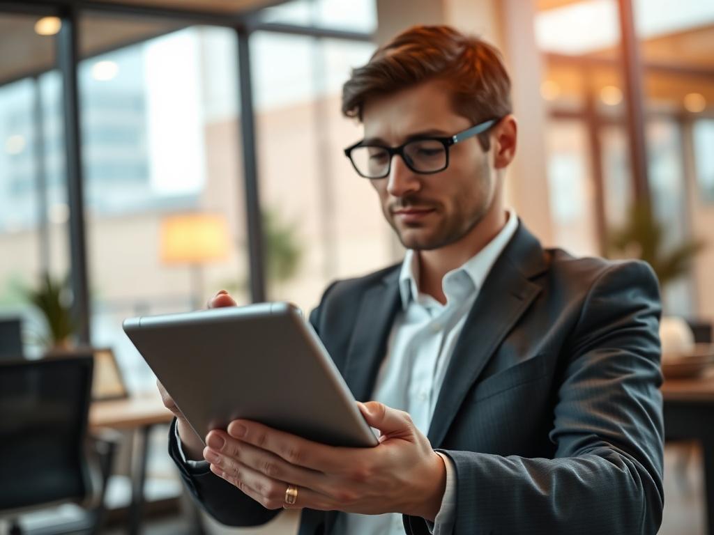 A hyper-realistic close-up shot of a professional business person analyzing charts and data on a digital tablet in a modern office setting. The background should be softly blurred to emphasize the subject, with warm lighting creating a welcoming atmosphere. The subject should be focused and engaged, depicting a sense of diligence and professionalism.