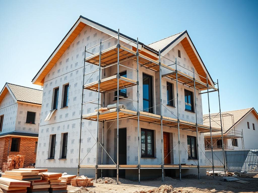 A realistic high-resolution photo of a construction site showing a newly built house. The image captures the exterior of the house with scaffolding around it, showcasing modern architecture. In the background, there are construction materials like bricks and wood. The scene is bright and sunny, highlighting the progress of the construction. The focus is on the house as the main subject, with a clear blue sky in the background.