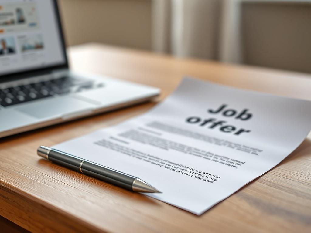 A realistic high-resolution photo of a job offer letter on a wooden desk, with a laptop in the background, a pen placed beside the letter, and a soft natural light illuminating the scene. The letter should be partially visible, showcasing a professional layout, while the laptop displays a job search website. The overall composition should convey a sense of professionalism and opportunity.