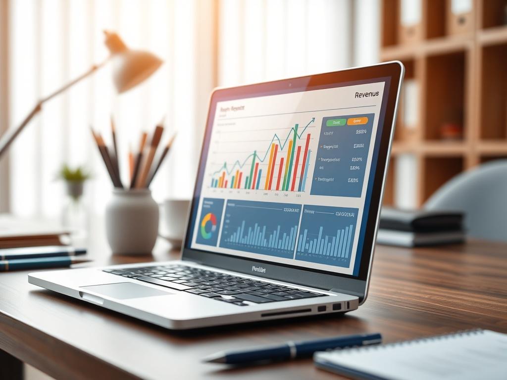A modern office desk with a laptop displaying a clear
