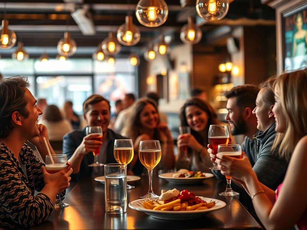 A vibrant bar scene during the evening, with people enjoying