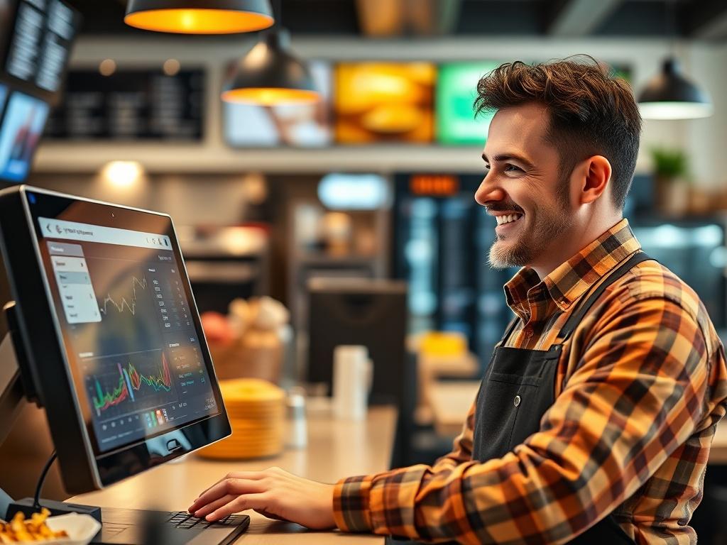 A close up of a happy restaurant owner reviewing a