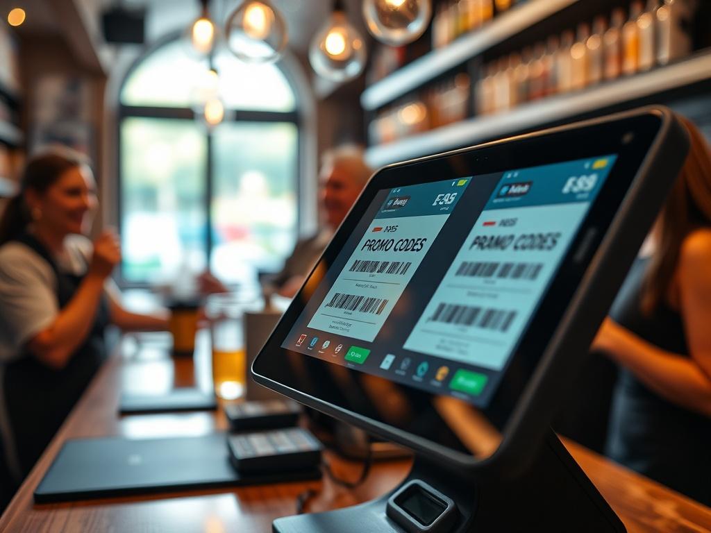 A close-up shot of a touchscreen POS system displaying promo codes in a lively bar environment, with staff interacting with happy customers in the background. The image captures a sense of efficiency and excitement.