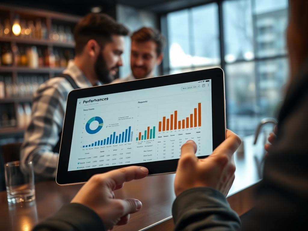 A close-up shot of a tablet showing a performance report with charts and graphs in a modern bar setting, with staff discussing the report in the background. The image conveys a sense of analysis and growth.