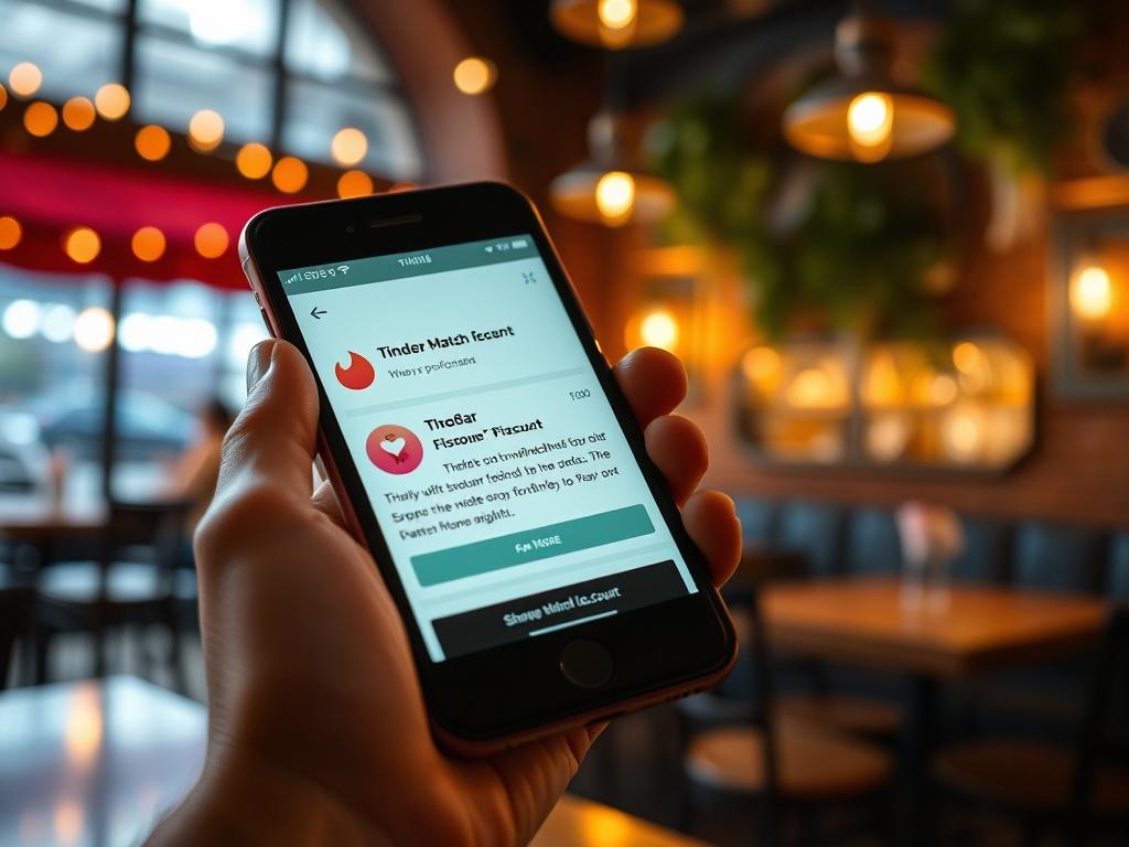 A close-up shot of a smartphone displaying a Tinder match notification featuring a discount offer from a bar, with a cozy café scene in the background. The image highlights the intersection of dating and nightlife.