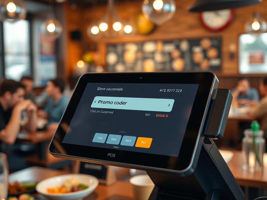 A close-up shot of a restaurant POS system screen displaying a successful transaction with a promo code being applied. The background shows a lively restaurant environment with customers enjoying their meals. The focus is on the POS screen, emphasizing the interaction between technology and customer engagement.