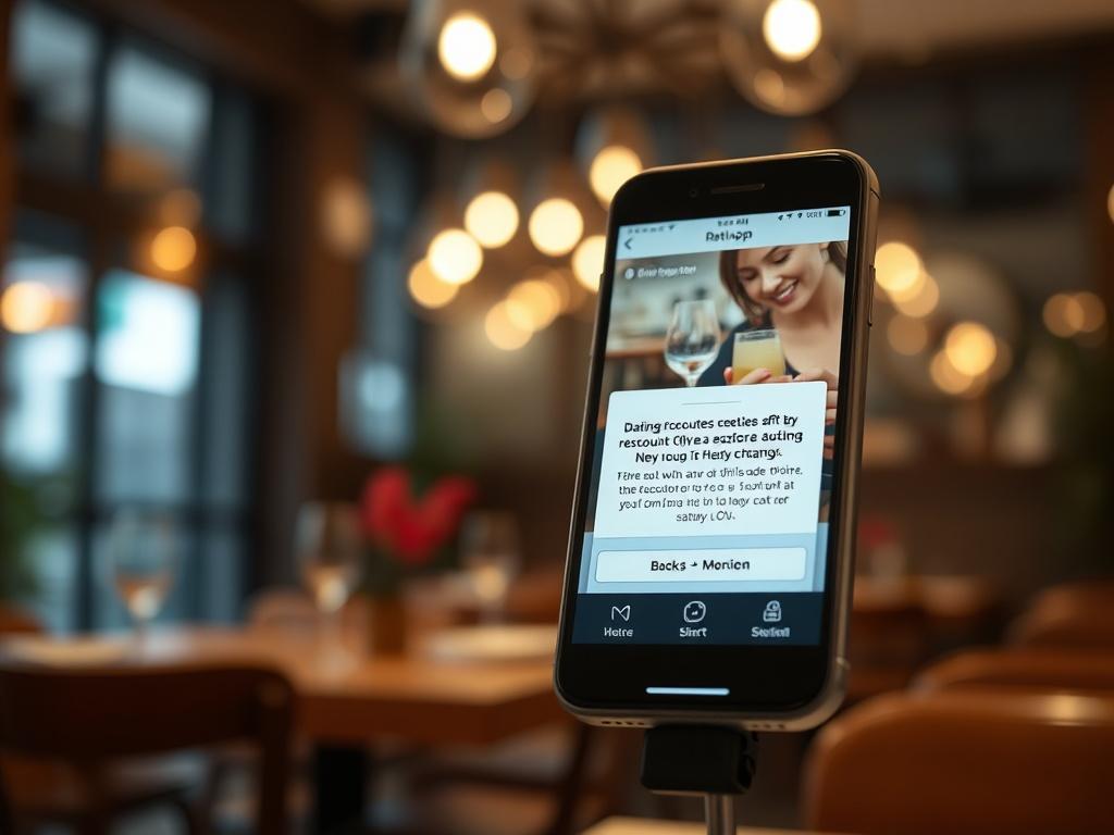 A close-up shot of a smartphone displaying a dating app notification about a discount offer at a restaurant. The background features a cozy restaurant setting with soft lighting, creating an inviting atmosphere. The phone is positioned prominently in the foreground, highlighting the notification while the restaurant ambiance subtly enhances the context.